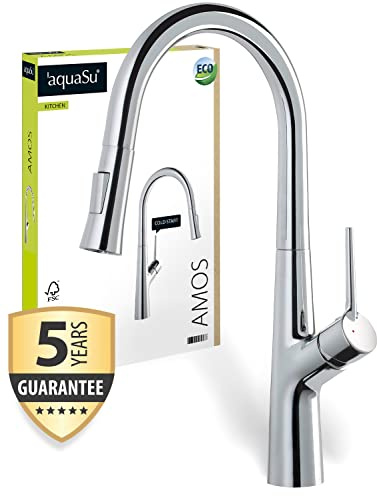 'aquaSu® Spültischarmatur Amos mit Wasserspar-Mischdüse, Kosten-sparende Kaltwassermittelstellung, hoher Auslauf, Keramikkartusche, Schaftbefestigung, Messingkern, verchromt, 798976