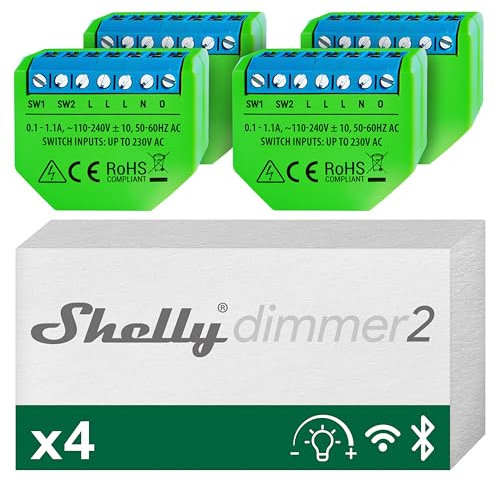 Shelly Dimmer 2, Interruttore Varialuce Wi-Fi, Dimmer con Cavo 10-220 W per LED, Incadescenza, Alogene Dimmerabile, Nessun Neutro richiesto, Alexa e Google Home, App iOS Android (4 pezzi)