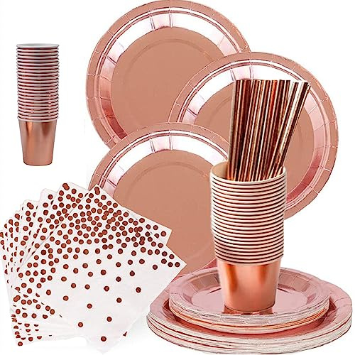 96pcs Rose Gold Foil Dots Paper Tableware Set - 24 Guest Dinnerware With Cups, Plates, Napkins, Straws for Party, Birthday, Weddings, Anniversary Decor
