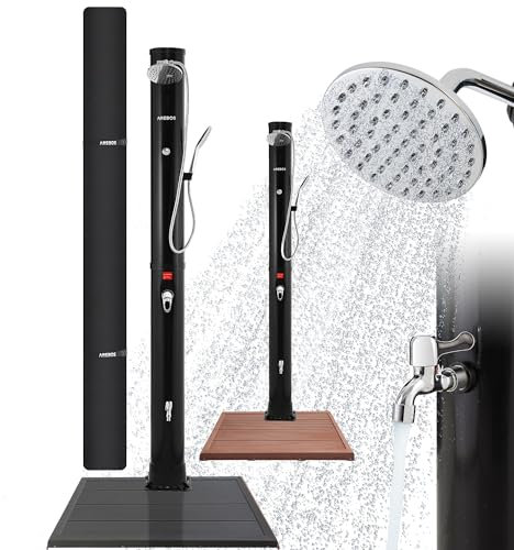 Arebos Solardusche 40L Premium & Bodenelement Anthrazit | inkl. Abdeckhaube & Montagematerial | mit integriertem Thermometer & Fußdusche | Gartenschlauch-Anschluss | Schwarz
