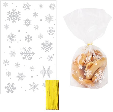 COLOFALLA 100 Stk 9.5x16cm Cellophantüten Weihnachten Plätzchentüten Kekstüten Weihnachten Geschenktüten Schneeflocken zum Befüllen Klein transparent Zellophantüten Geschenktüten für Süßigkeiten Kekse