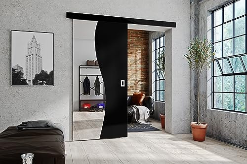 KIER FURNITURE Schiebetüren mit Spiegeln FALA – Schiebetür Komplettset Schiene Komplettset Mit Tür – Zimmertüren Mit Zarge Komplett - B76xH205xT1,6 cm - Schwarz