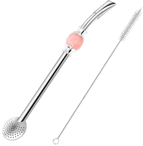 Cannuccia riutilizzabile Bombilla Yerba Mate – Filtro a cucchiaio rimovibile in acciaio inox con una bella perlina – Cannuccia in metallo per bere tè sfuso – include spazzola per la pulizia (rosa)