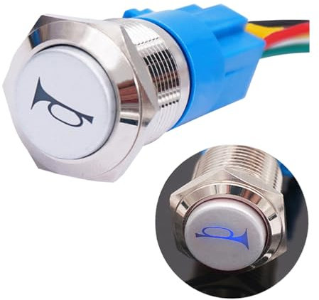 CGEAMDY Interruptor de Botón Momentáneo, Interruptor Botón Pulsador Bocina, Momentáneo Bocina Botón Impermeable Metal Interruptor, con Línea Cola, LED para Coche Barco Camión Automóvil(16MM)