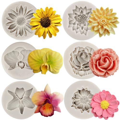 MYPRACS Set di 6 stampi in silicone a forma di rosa, margherite, fiori di crisantemo, cioccolato, orchidee, caramelle, decorazioni per torte, cupcake, pasta di gomma, argilla polimerica