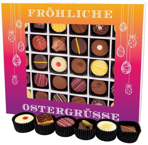 Hallingers Genuss Manufaktur Pralinen Oster-Geschenk - ohne Alkohol, handmade aus Confiserie-Edelkakao in wertiger XXL-Geschenkbox Fröhliche Oster..., Ostern Körbchen für Frauen Männer