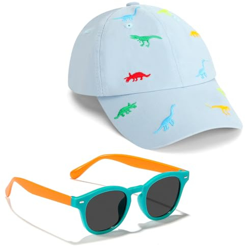 Jupsk Kids Baseball Cap, Children's Dinosaur Sun Hat Unisex UV Protection Hat Summer Hat Outdoor Sports Cap with Toddler Sunglasses for Boys Girls