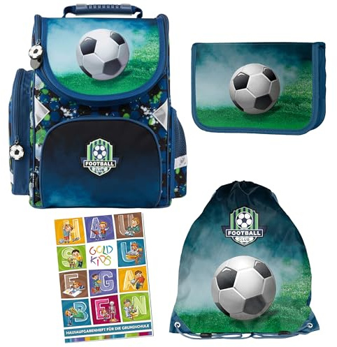 Goldkids - Schulranzen für Jungen, 4er-Set - Schul-Rucksack für Kinder mit Federmäppchen - Schuhbeutel und Hausaufgabenheft - Fußball Motiv - 1-3 Klasse