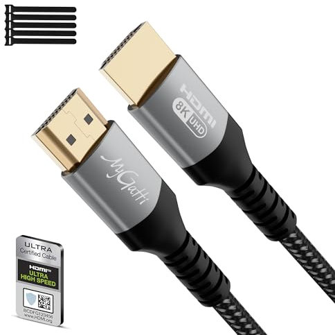 Mygatti Certificato Cavo HDMI 2.1 8k 3 Metri,Ultra Alta Velocità 48Gbps,nylon intrecciato,48 Gbps,supporta 8K@60Hz,4K@120Hz,eARC,HDR,HDCP 2.2/2.3,per laptop,monitor,switch,PS5/PS4,UHD TV+5 fascette
