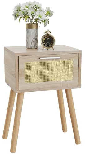 YMYNY Rattan Nachttisch, Beistelltisch, Boho-Nachtschrank mit Magnetschublade, Massivholz Beinen, 35x27x53 cm, Sofatisch, Couchtisch für Wohnzimmer, Büro, Schlafzimmer, Naturfarben HST010N