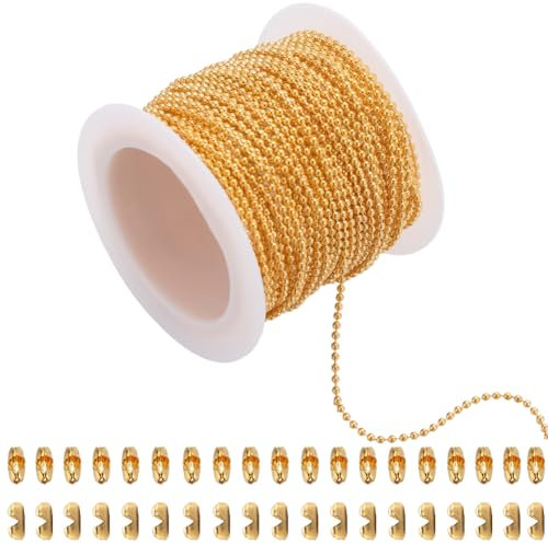 SUNNYCLUE 50 pz 33 piedi/10 m 1.5mm Catene per Targhette per Cani Catena con Perline A Sfera Dorata Rotolo Sfuso In Metallo Ottone Dorato Estensione con Linguetta Dorata Connettori Abbinati con Fermag