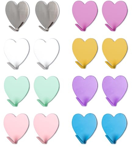 Bofanze 16 Piezas Ganchos en Forma de Corazón Forma de Corazón Ganchos | De colores, con forma de corazón, autoadhesivos, en grandes cantidades, bonitos, decorativos, prácticos, para regalar