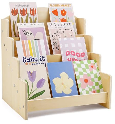 Kroucoco Greeting Card Organizer Display Stand, Multi-Purpose Rack for Vendors, 4-Tiered Wooden Counter Retail Display for Postcards, Brochures, Photos, Pictures, Stickers