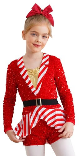 Manyakai Kinder Mädchen Weihnachten Kostüm Streifen Party Zuckerstangen Kostüm Gymnastik Trikotanzug Leotard Xmas Outfit Rot 110-116