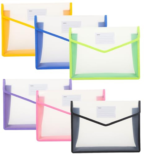 A4 Kunststoffmappe Transparent, 6 Stück Wasserdicht mit Druckknopf Etikettentasche, Dokumentenspeicherung Schule & Büro, Erweiterbar, 6 Farben, Wasserdicht Dokumentenorganisierung