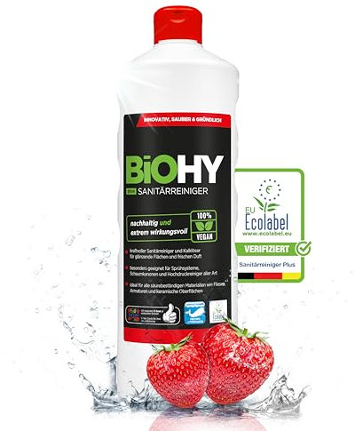 BiOHY Detergente per bagno (Bottiglia da 1l) | Concentrato decalcificante per ambienti sanitari | profumo gradevole e fresco | EXTRA FORTE | profumo di fragola fresca (Sanitärreiniger Plus)