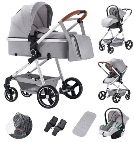 Kakbgee Passeggino Combinato 3 in 1, Passeggino Portatile per Bambini con ECE R129 Seggiolino Auto, One Click Pieghevole, Carrozzina Reversibile ad alto Paesaggio con Telaio in Alluminio, per Neonati