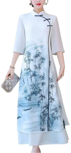 SXTYYH Cinese Abito Tradizionale Abito Vietnamita Ao dai for Donne Elegante Sottile Lungo Cheongsam Abito Hanfu for L'Estate Qipao(4XL,Bianca)