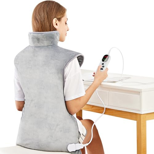 Mia&Coco Electric Heating Pad for Back Neck Shoulders Pain Relief, XL 60x100cm Soft Flannel Wrap, Waist Strap, Fast Heat Hot Therapy 6 Heat Settings, Auto-Off Timer, Machine Washable, UK Plug, Grey