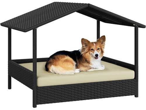 Yaheetech Wicker Raised Dog Bed With Canopy, Removable Cushion, Black/Beige | Dog House For Small & Medium Dogs | Sturdy PE Rattan Frame | Pet Shelter | Indoor & Outdoor, Living Room, Yard, Garden, Pool