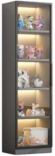 Sammlervitrine mit 4 Etagen, mit Glastüren, bodenstehend, Curio-Regal für Spielzeug und Pflanzen, Wandmontage, Nizer für Figuren, Grau, 30 x 39,6 x 180,1 cm