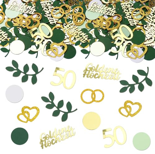 GoldRock Glitzer Konfetti Goldene Hochzeit Deko Groß,200 Stück Ringe Herzen Deko Goldene Hochzeit 50 Jahre,Tischdeko Goldenen Hochzeite Streudeko,Hochzeitsdeko Tisch Grün Gold,Herz Hochzeitsdekoration