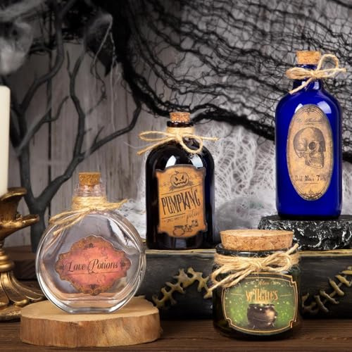 Potion Bottles Halloween Decoration for Halloween Tiered Tray Decor | Set of 4 Glass Potion Bottles with Corks and 10 Halloween Bottle labels for Halloween Decorations Indoor