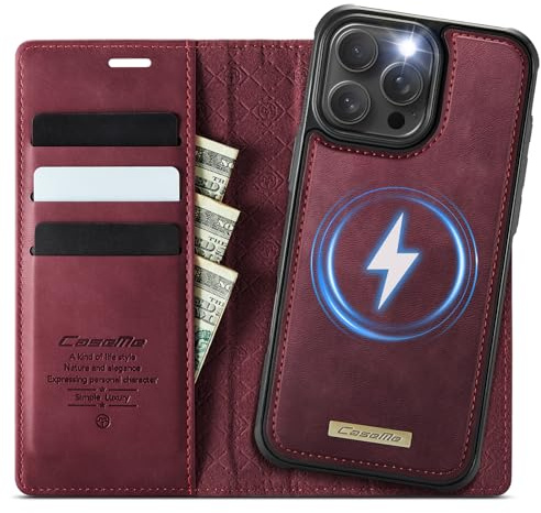 Coverilo Handyhülle für iPhone 13 Pro Max Hülle Abnehmbar 2-in-1 Magnetische Premium PU Leder Klapphülle Kabelloses Laden Kartenfach RFID Standfunktion Schutzhülle für iPhone 13 Pro Max – Weinrot
