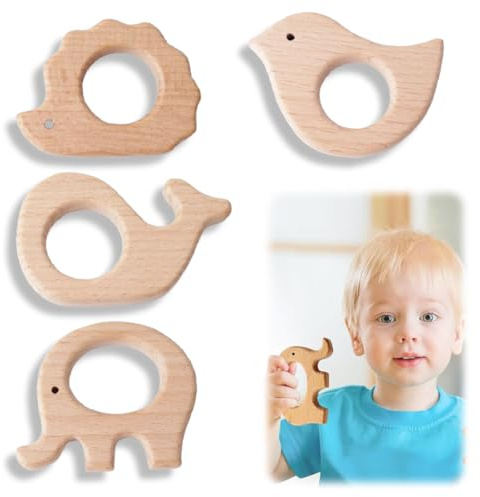 KEQAR 4 Stück Baby Beißring Holzfiguren, Natürlich Holz Ringe, Handgefertigt Anhänger Kit für DIY Schmuck und Handwerk