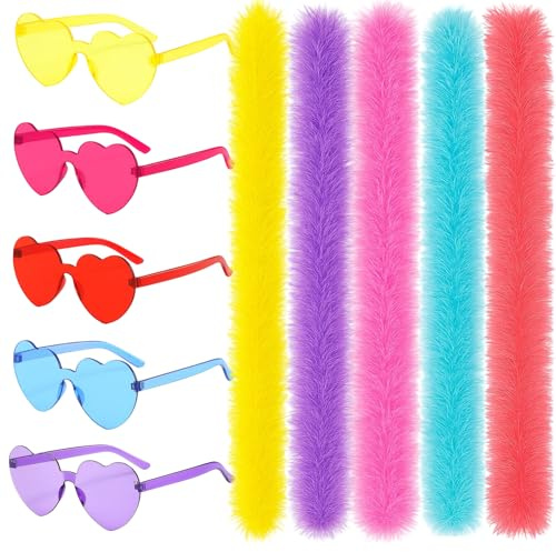 5PCS Feather Boas Multipack with 5PCS Sunglasses, Fluffy Feather Boa for Theme Parties, Cosplay, Halloween Costumes, Dance Performances, Photo Shoots, Available in Blue, Red, Pink, Purple, Yellow