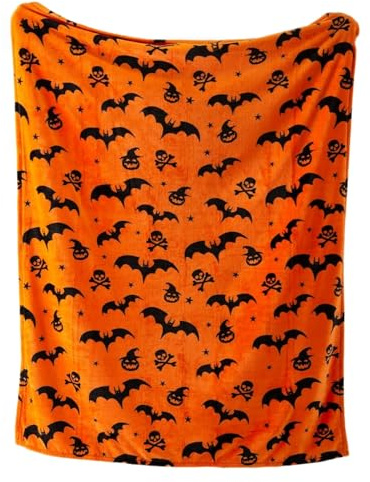 Generisch Coperta per Halloween, 150 x 200, pipistrelli, zucche, teschio, in flanella, soffice, per divano