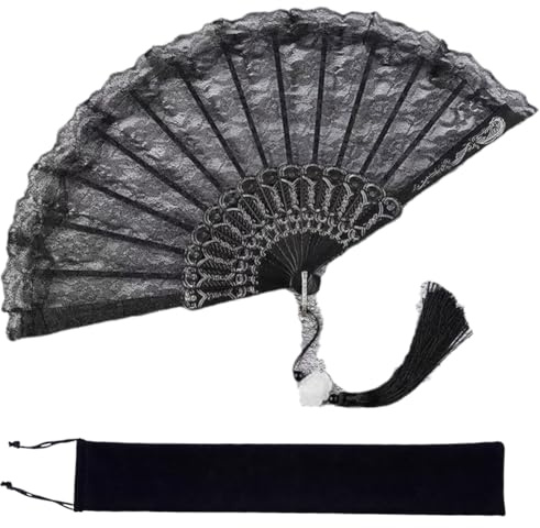 QWEPU Spitzenfächer - Handfächer Schwarz Spitze, mit Geschenktüte aus Flanell Vintage Handfächer, Partygeschenk für Herren Damen Tanz Party Brauthochzeitsdekoration 25cm