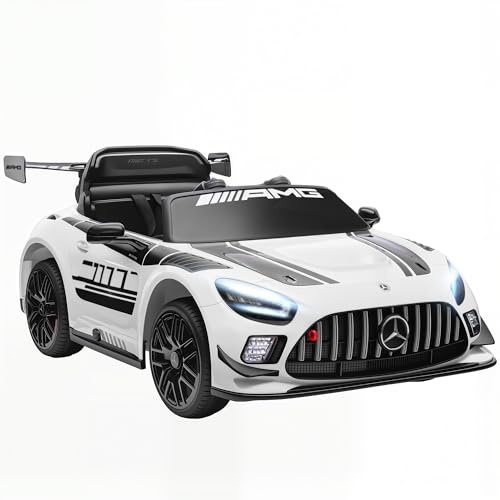 AIYAPLAY Coche Eléctrico para Niños, Mercedes-AMG GT3 EVO, Coche de Batería 12V, con Mando a Distancia 2,4 G, Motor Doble, Ruedas Auxiliares, Asa de Arrastre, Música Inalámbrica, Faros, Blanco