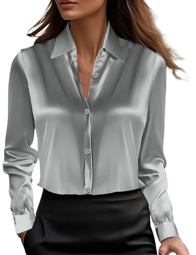 Top Donna Elegante in Raso Camicetta Cerimonia Maglietta di Seta Scollo a V Camicia Eleganti Maniche Lunghe Blusa Curvy Tinta Unita Maglia Basic Business Ufficio T Shirt con Bottoni Classico Feste