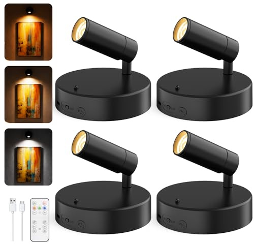 5500mAh Rechargeable Wall Spotlight Indoor, 24H Cycle Timer, 150LM, 10CM | 3CCT Dimmable Picture Lights for Wall with Remote, Uplighting Stick on Lights for Plant Artwork Display Tree Painting Art
