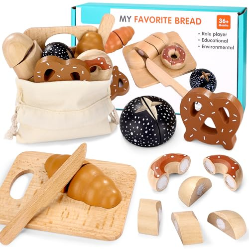 DESPOINA Kinderküche Zubehör, Spielküche Zubehör aus Holz, Frühstück Set Küchenspielzeug Brot Schneiden mit Klettverbindung, ab 3 Jahre Lernspielzeug Rollenspiele Geschenk für Mädchen und Junge