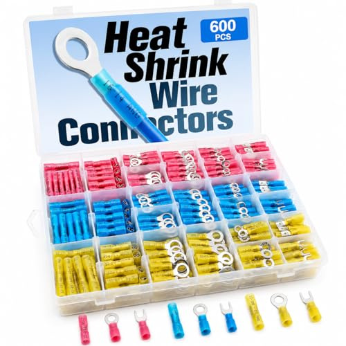 KINDLUME 600 Pezzi Connettori Termorestringenti, Assortimento Terminali a Crimpaggio, Capicorda Isolati e Giunzioni per Cavi, Kit di Fissaggio Meccanico per Fai-da-te, Nautica e Automotive