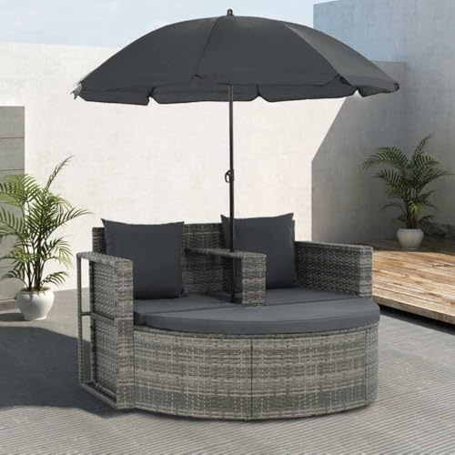 Massbinet Gartenbett mit Sonnenschirm Sonnenliege Rattan für 2 Personen Gartenliege mit Dach Auflage Kissen Sonneninsel Doppelliege Sonnenbett Loungebett Grau Poly Rattan