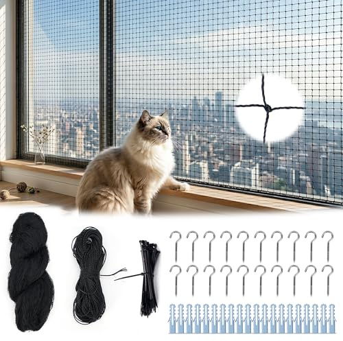 mobumeia Katzennetz Balkon, 10mx3m Schwarz Balkonnetz mit Haken Kabelbinder | Katzenschutznetz, Balkonnetz für Katzen, Katzennetz ohne Bohren für Fenster Terrasse Tür