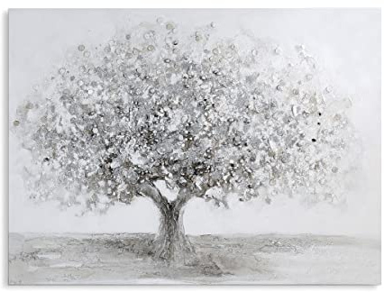 Casablanca Deko Wand Bild XXL - Leinwand auf Holz Rahmen - handgearbeitet Oberfläche Acrystruktur - Motiv: großer Baum - Farben: Weiss Grau Silber 120 x 90 cm
