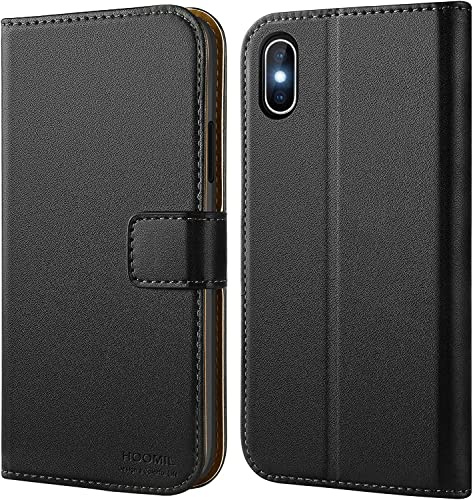 HOOMIL Handyhülle für iPhone X/iPhone XS Hülle, PU Leder, Schwarz | mit Kartenfach & Standfunktion, Unterstützt Kabelloses Laden, Klappbar Schutzhülle