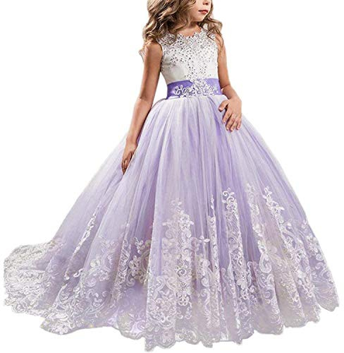 TTYAOVO Filles Sol Longueur Dentelle Princesse Mariage Robe Tulle Robe (Taille160) 12-13 Ans 406 Violet
