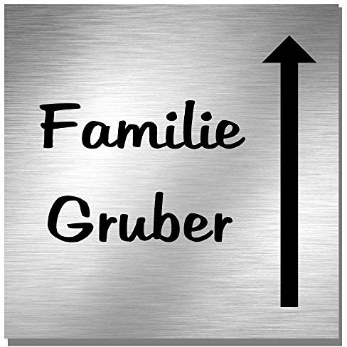 Edelstahl Türschild Namensschild Hinweisschild mit Pfeil und individueller Laser-Gravur, Größe ca. 100 mm x 100 mm * Modell Gruber