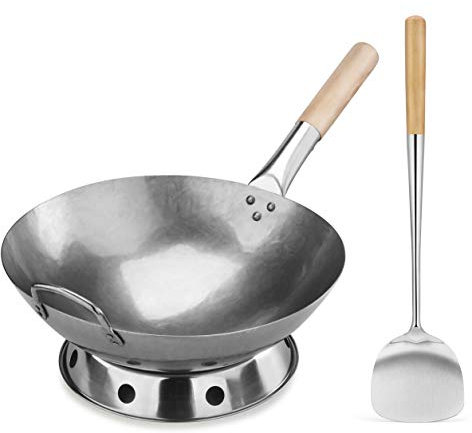 New Star Foodservice 1028720 - Juego de wok de acero al carbono con mango de madera y acero, incluye wok, estante y espátula de fondo redondo de 14 pulgadas (se recomienda lavar a mano)