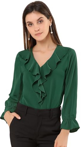 Allegra K Blusa de Gasa para Mujer con Cuello en V con Volantes, Manga de Pulsera, Blusa Campesina Vintage Verde M