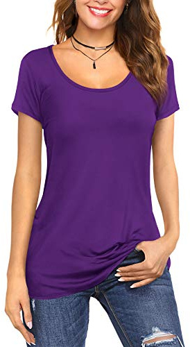 Florboom Longshirt Damen Kurzarm Baumwolle Tshirt Lang Bluse Sommer Tunika Lila S