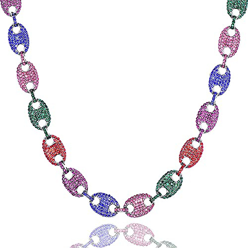 Apzzic 13mm Iced Out Miami Cuban Link Coffee Bean Chain Gold Plated Rainbow Multicolor Lab Diamond Full CZ Choker Necklace for Men Women Silver Colorful 30Inch