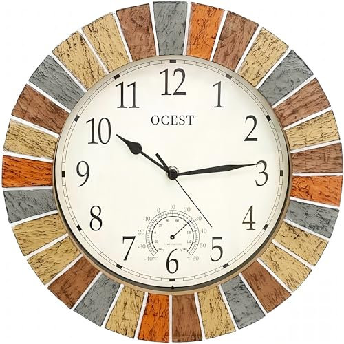 OCEST Große Wanduhr für den Innen- und Außenbereich, wasserdichte Wanduhr mit Thermometer, witterungsbeständig, Nicht tickend, batteriebetrieben, Dekor Uhr für Terrasse, Garten