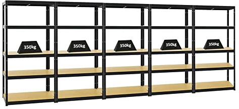 PROREGAL Mega Deal 5er-Set Schwerlastregale Slim Elephant 180x90x45cm mit 5 Ebenen Fachlast 350kg Schwarz