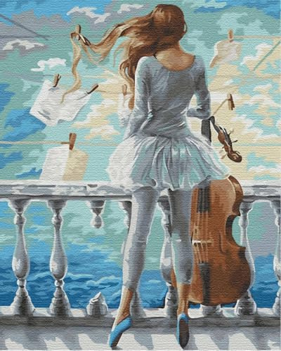 Artnapi Malen nach Zahlen Erwachsene mit Rahmen | DIY Handgemalt | Meer und Cello | Kit für Anfänger und Erwachsene | Set inklusive Acrylfarben & Pinsel | 40x50cm Leinwand | Ideal als Geschenk